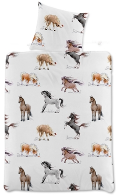 Heste junior sengetøy - 100x140 cm - Junior sengesett med söte hest - 100% bomullsateng